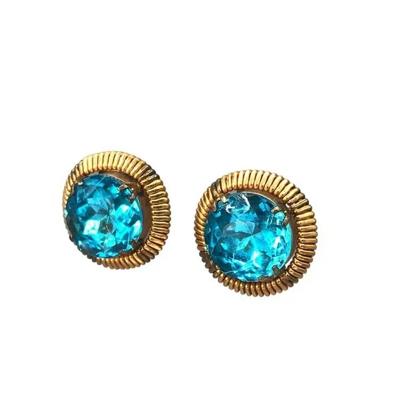Glamorous Vintage Earrings, Foil Backed Bright Blue Crystal in Copper Frames